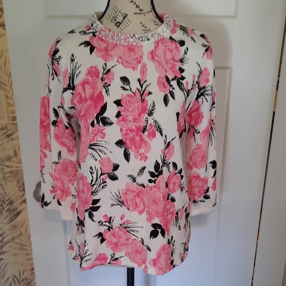 Floral Pink, Black Sequined Soft Top